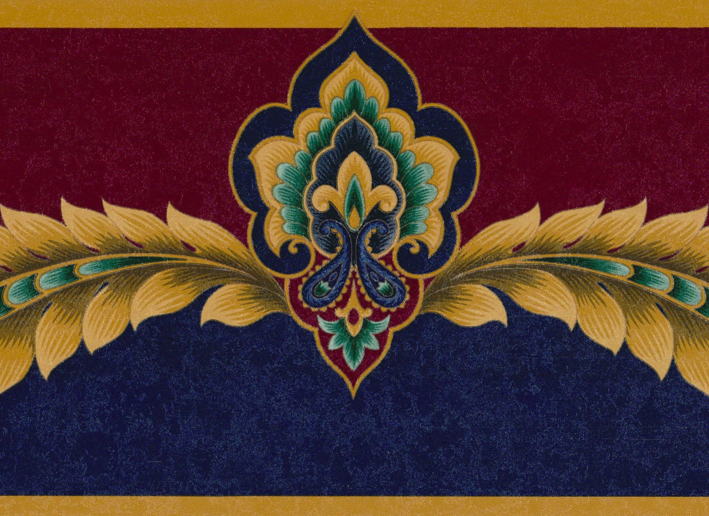 Prepasted Wallpaper Border - Victorian Burgundy, Navy Blue, Gold Damask Wall Border Retro Design, 15 ft x 6.75 in (4.57m x 17.15cm)