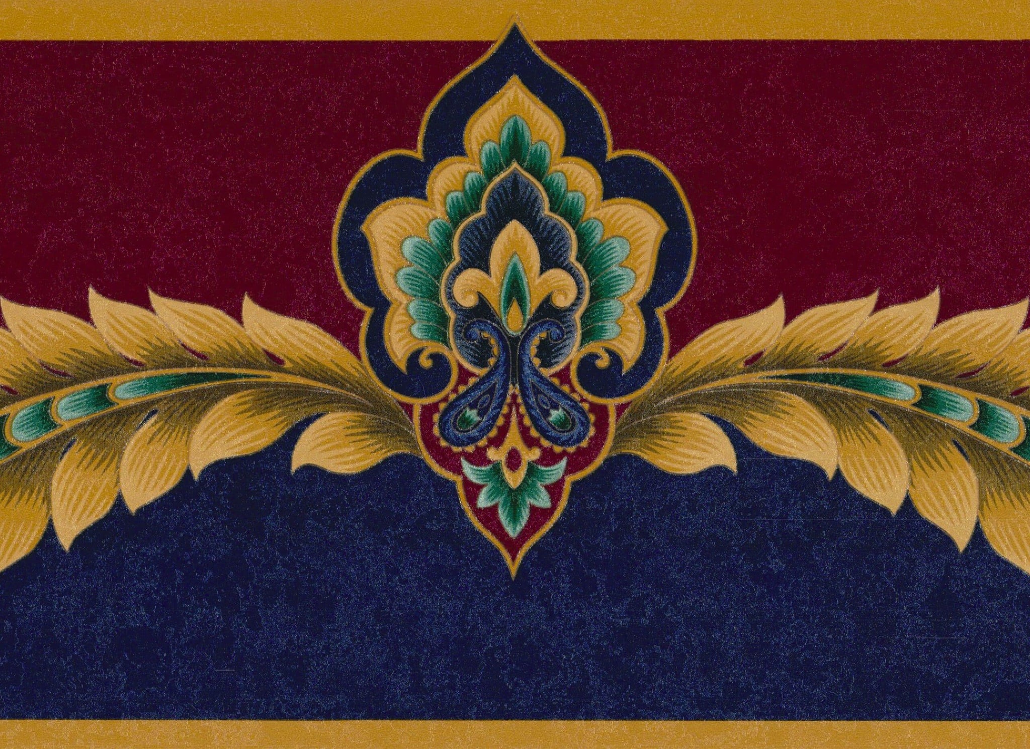 Prepasted Wallpaper Border - Victorian Burgundy, Navy Blue, Gold Damask Wall Border Retro Design, 15 ft x 6.75 in (4.57m x 17.15cm)
