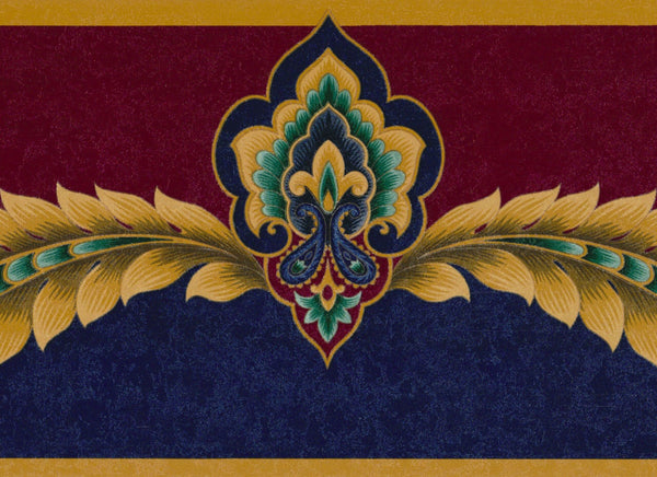 Prepasted Wallpaper Border - Victorian Burgundy, Navy Blue, Gold Damask Wall Border Retro Design, 15 ft x 6.75 in (4.57m x 17.15cm)
