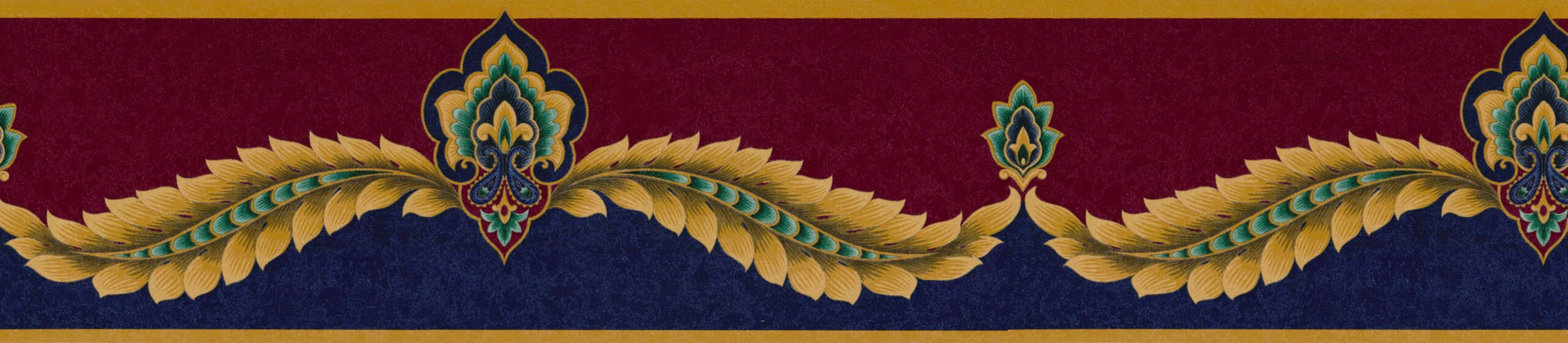 Prepasted Wallpaper Border - Victorian Burgundy, Navy Blue, Gold Damask Wall Border Retro Design, 15 ft x 6.75 in (4.57m x 17.15cm)