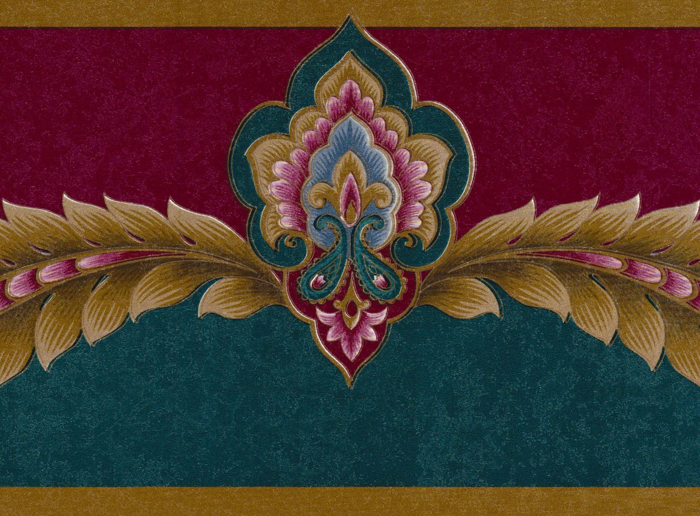 Prepasted Wallpaper Border - Victorian Burgundy, Teal, Gold Damask Wall Border Retro Design, 15 ft x 6.75 in (4.57m x 17.15cm)