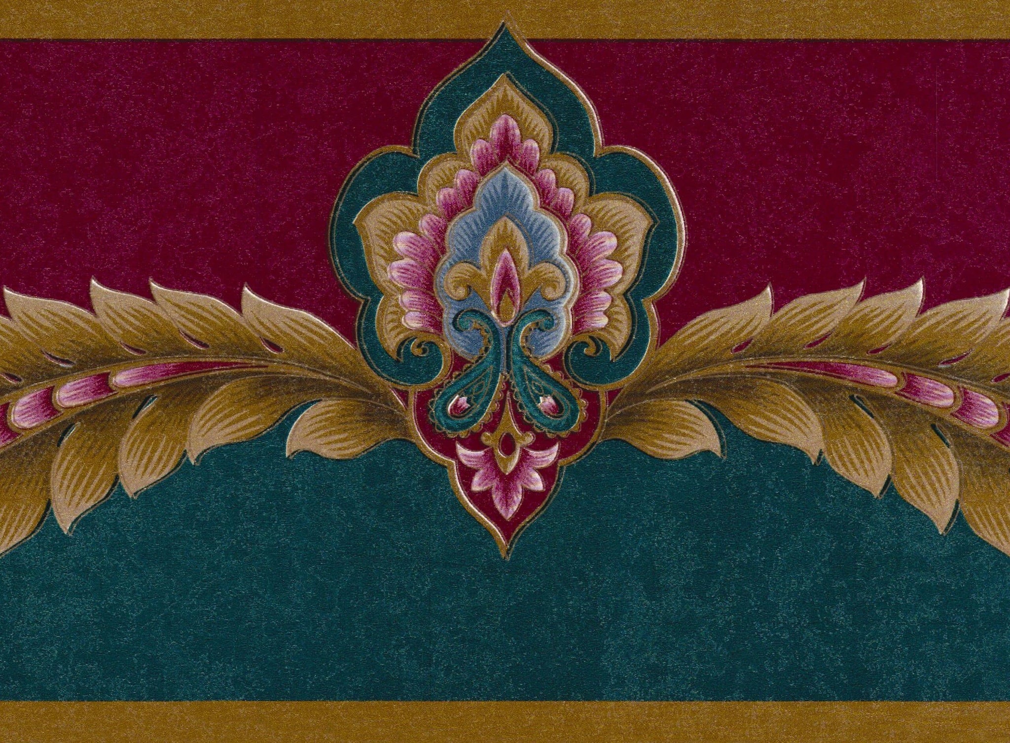Prepasted Wallpaper Border - Victorian Burgundy, Teal, Gold Damask Wall Border Retro Design, 15 ft x 6.75 in (4.57m x 17.15cm)