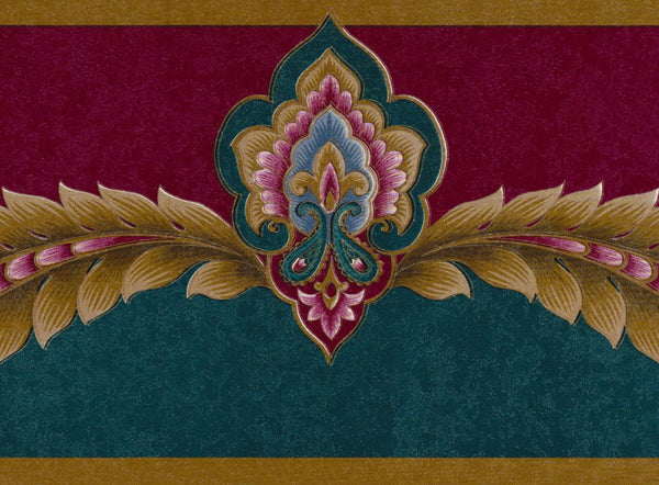 Prepasted Wallpaper Border - Victorian Burgundy, Teal, Gold Damask Wall Border Retro Design, 15 ft x 6.75 in (4.57m x 17.15cm)