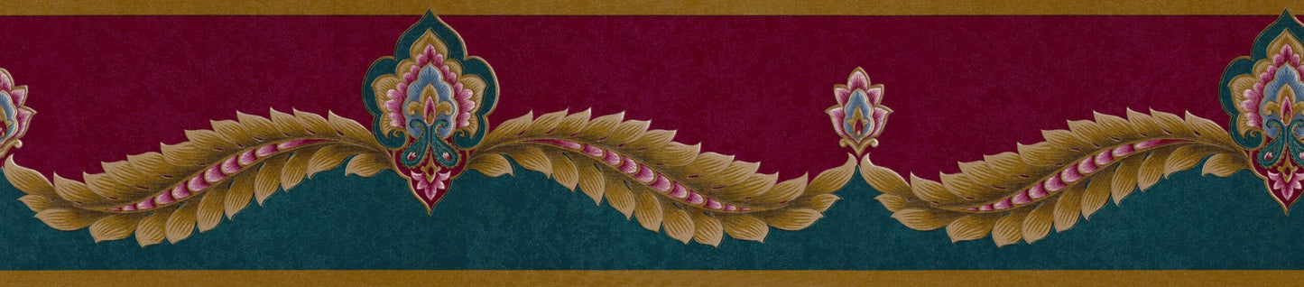 Prepasted Wallpaper Border - Victorian Burgundy, Teal, Gold Damask Wall Border Retro Design, 15 ft x 6.75 in (4.57m x 17.15cm)