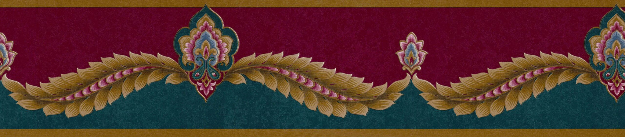 Prepasted Wallpaper Border - Victorian Burgundy, Teal, Gold Damask Wall Border Retro Design, 15 ft x 6.75 in (4.57m x 17.15cm)
