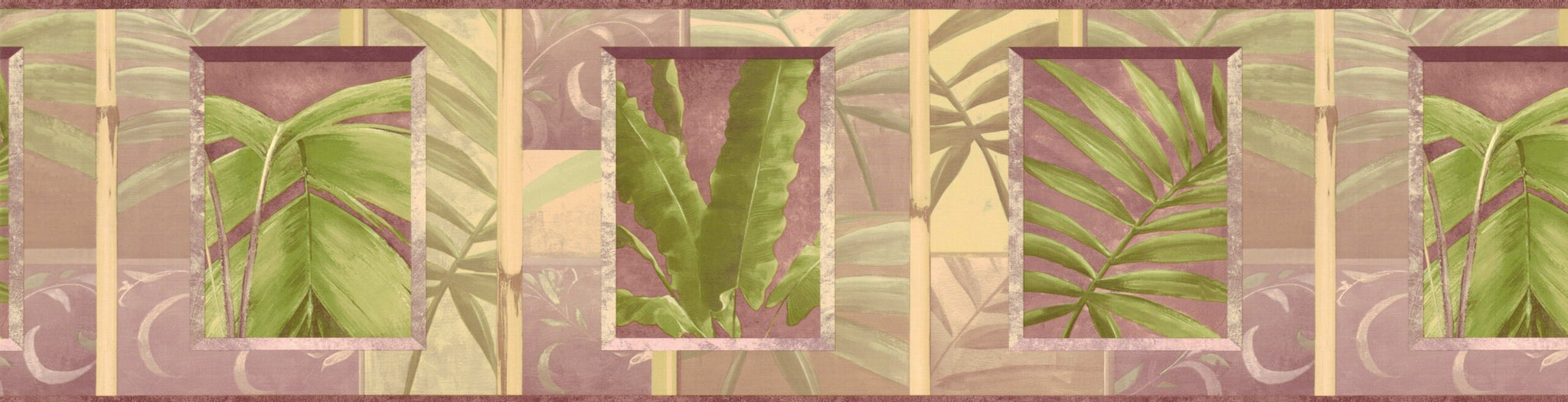 Prepasted Wallpaper Border - Floral Green, Purple, Brown Palm Leaves, Bamboo Wall Border Retro Design, 15 ft x 8 in (4.57m x 20.32cm)