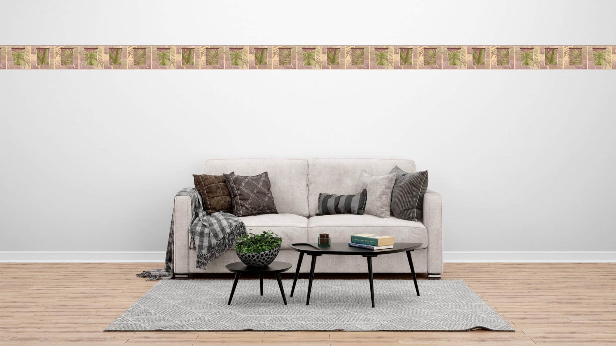 Prepasted Wallpaper Border - Floral Green, Purple, Brown Palm Leaves, Bamboo Wall Border Retro Design, 15 ft x 8 in (4.57m x 20.32cm)