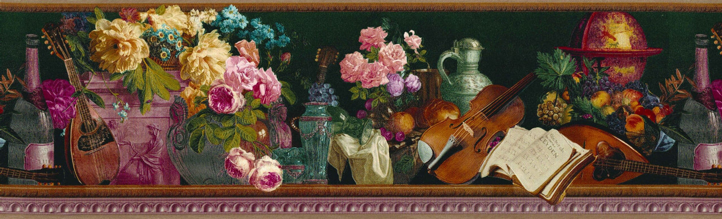 Prepasted Wallpaper Border - Retro Blue, Grey, Pink, Purple Flowers, Vase, Cello  Wall Border Retro Design, 15 ft x 6.8 in (4.57m x 17.27cm)