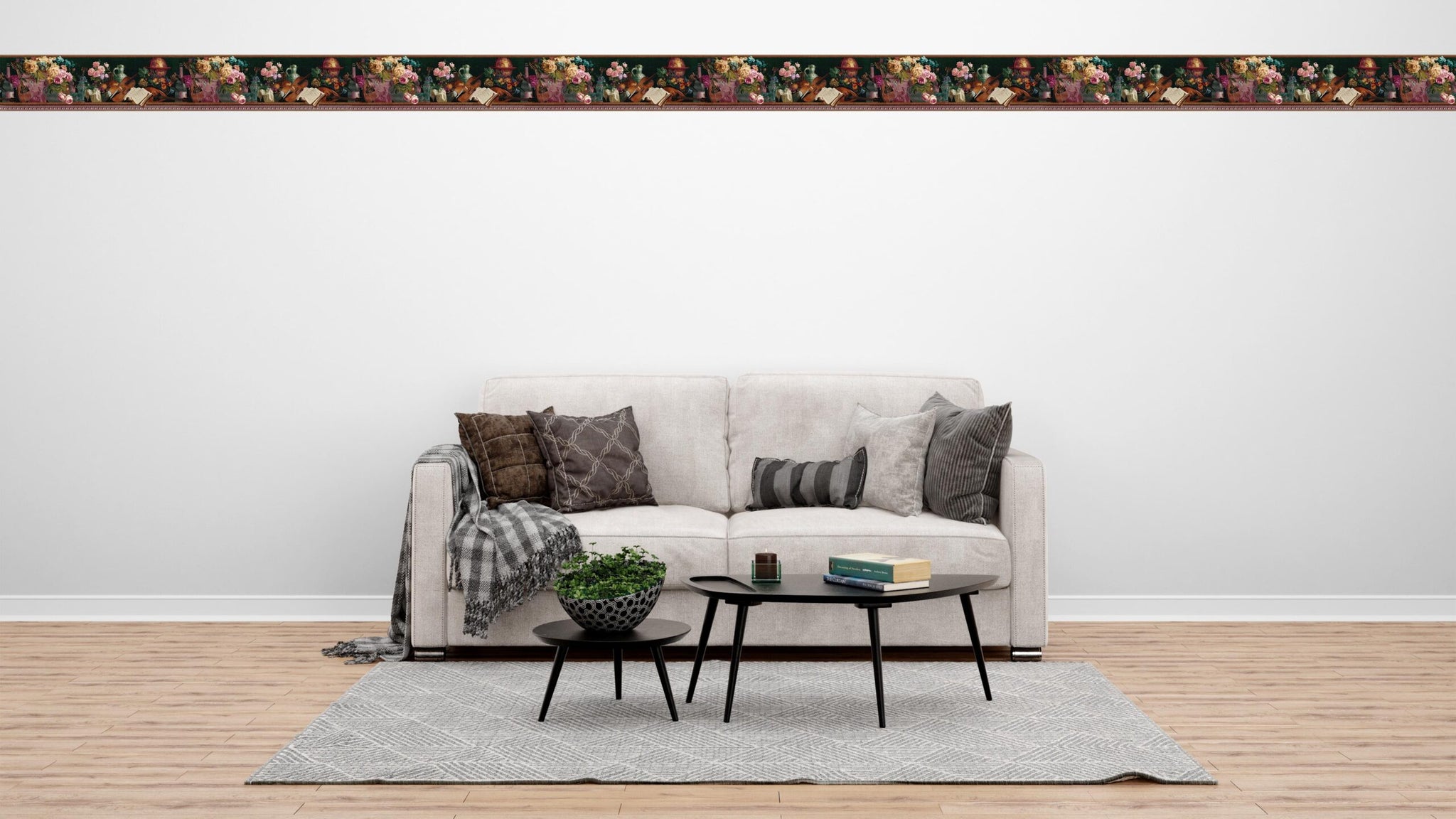 Prepasted Wallpaper Border - Retro Blue, Grey, Pink, Purple Flowers, Vase, Cello  Wall Border Retro Design, 15 ft x 6.8 in (4.57m x 17.27cm)