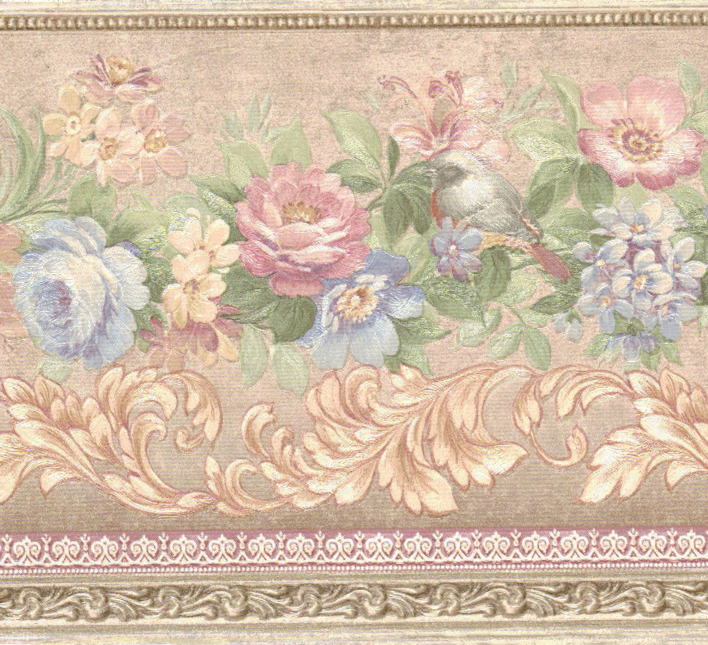 Prepasted Wallpaper Border - Floral Pink, Blue, Green Flowers, Vines Wall Border Retro Design, 15 ft x 5.2 in (4.57m x 13.21cm)