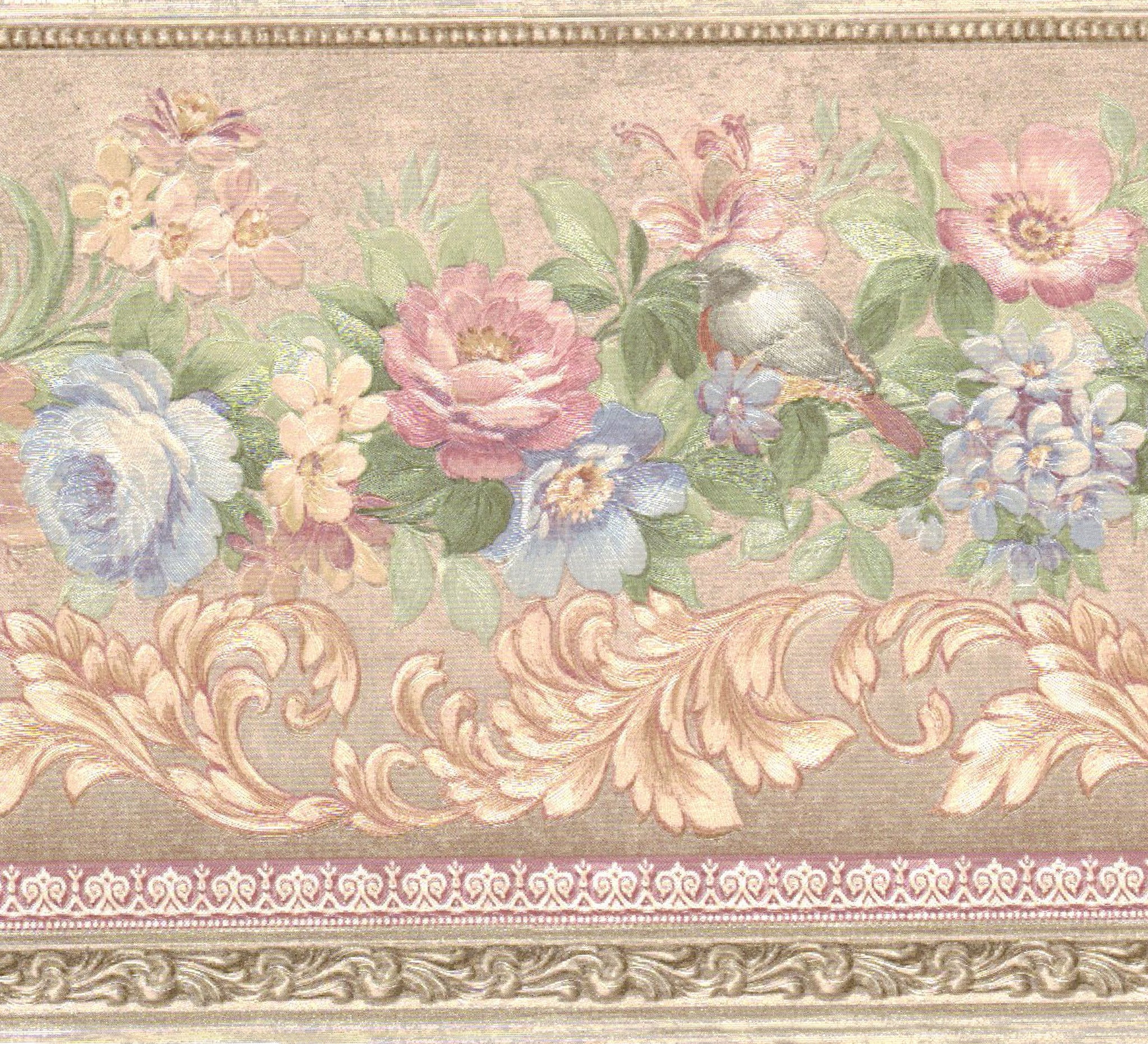 Prepasted Wallpaper Border - Floral Pink, Blue, Green Flowers, Vines Wall Border Retro Design, 15 ft x 5.2 in (4.57m x 13.21cm)