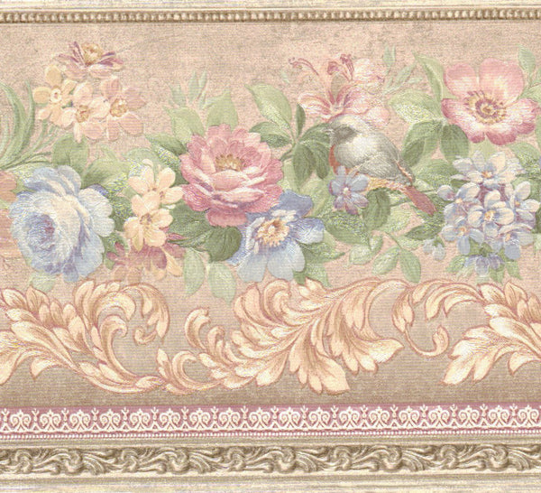 Prepasted Wallpaper Border - Floral Pink, Blue, Green Flowers, Vines Wall Border Retro Design, 15 ft x 5.2 in (4.57m x 13.21cm)