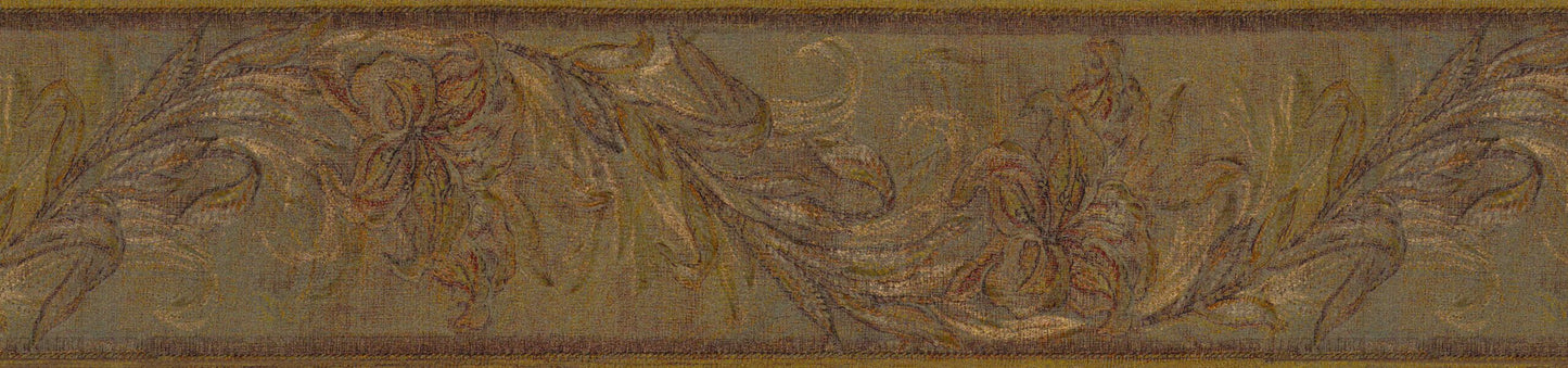 Prepasted Wallpaper Border - Abstract Gold, Brown Flowers, Leaves Wall Border Retro Design, 15 ft x 5 in (4.57m x 12.7cm)