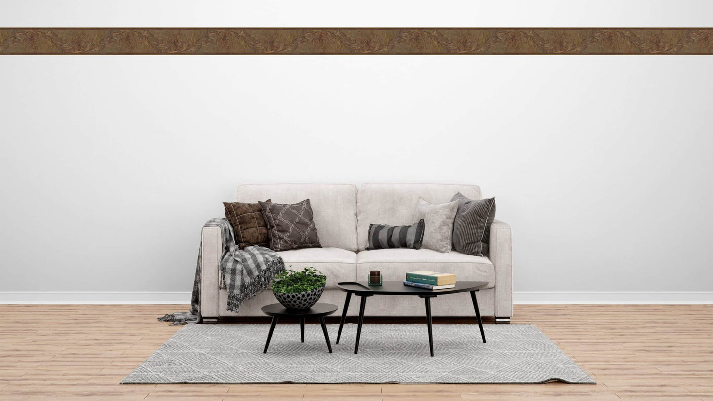 Prepasted Wallpaper Border - Abstract Gold, Brown Flowers, Leaves Wall Border Retro Design, 15 ft x 5 in (4.57m x 12.7cm)