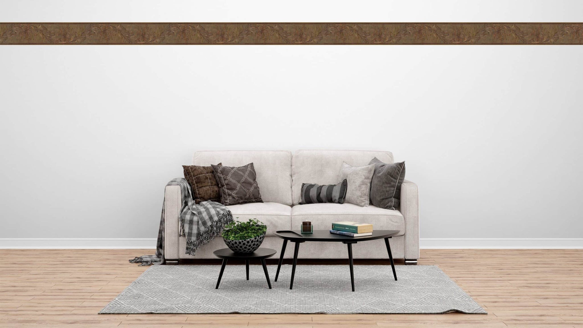 Prepasted Wallpaper Border - Abstract Gold, Brown Flowers, Leaves Wall Border Retro Design, 15 ft x 5 in (4.57m x 12.7cm)