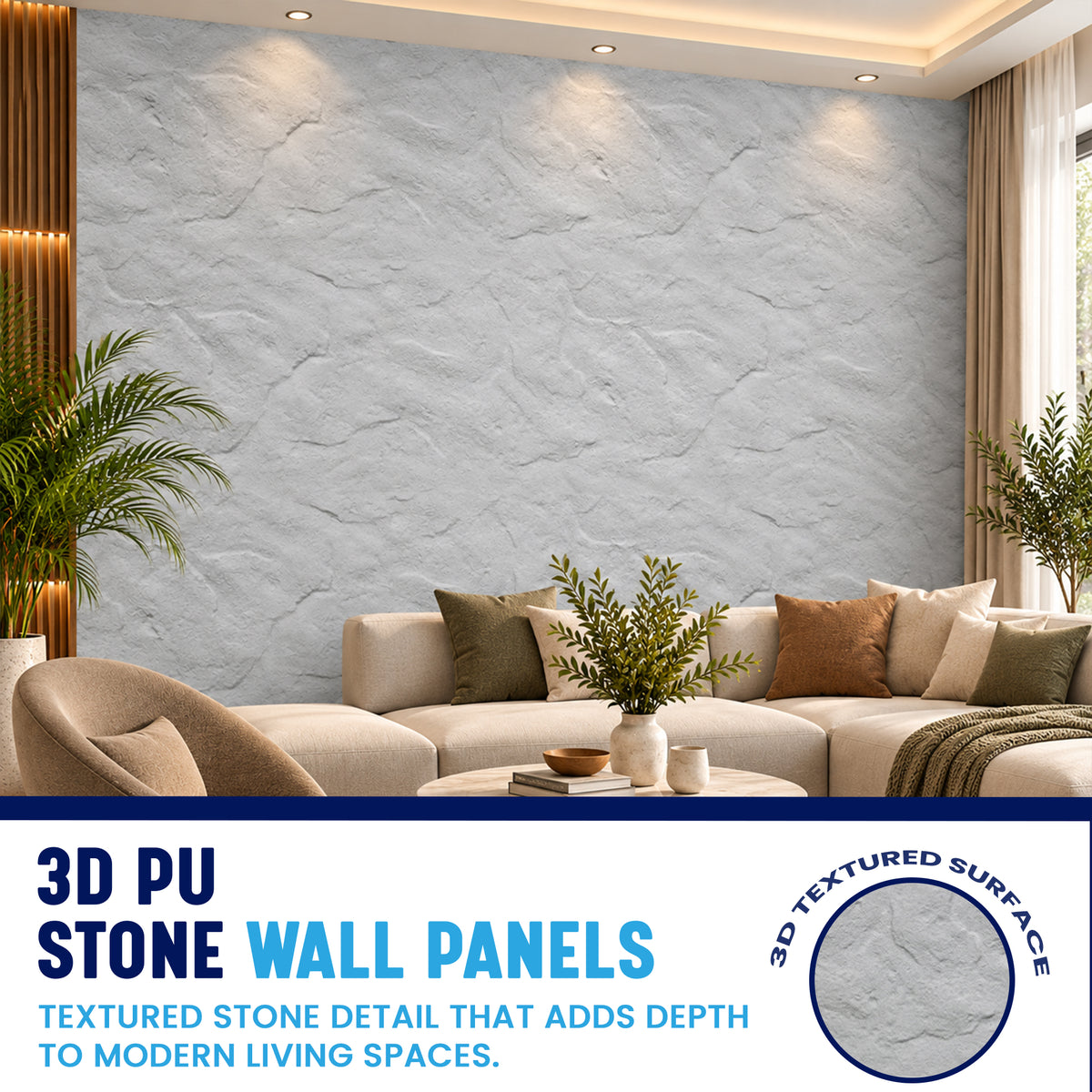 3D PU Stone Wall Panels, Light Grey, Styrofoam