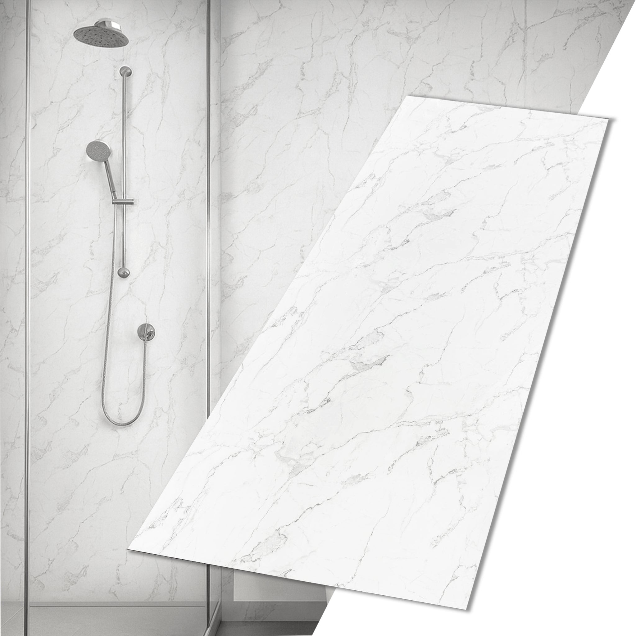 UV Marble Full Size Wall Panels 4ft x 9ft, High Gloss Panels - Backsplash, Bathroom, Accent Walls - White, Grey Veins