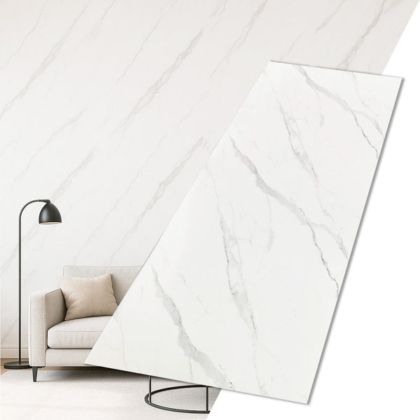 UV Marble Full Size Wall Panels 4ft x 9ft, High Gloss Panels - Backsplash, Bathroom, Accent Walls - Off-White, Grey Veins