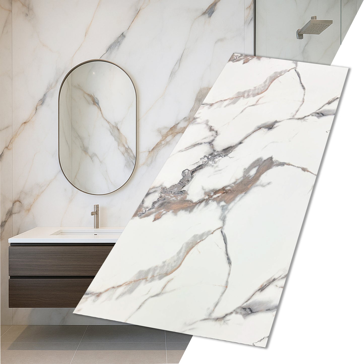 UV Marble Full Size Wall Panels 4ft x 9ft, High Gloss Panels - Backsplash, Bathroom, Accent Walls - White, Black and Gold Veins