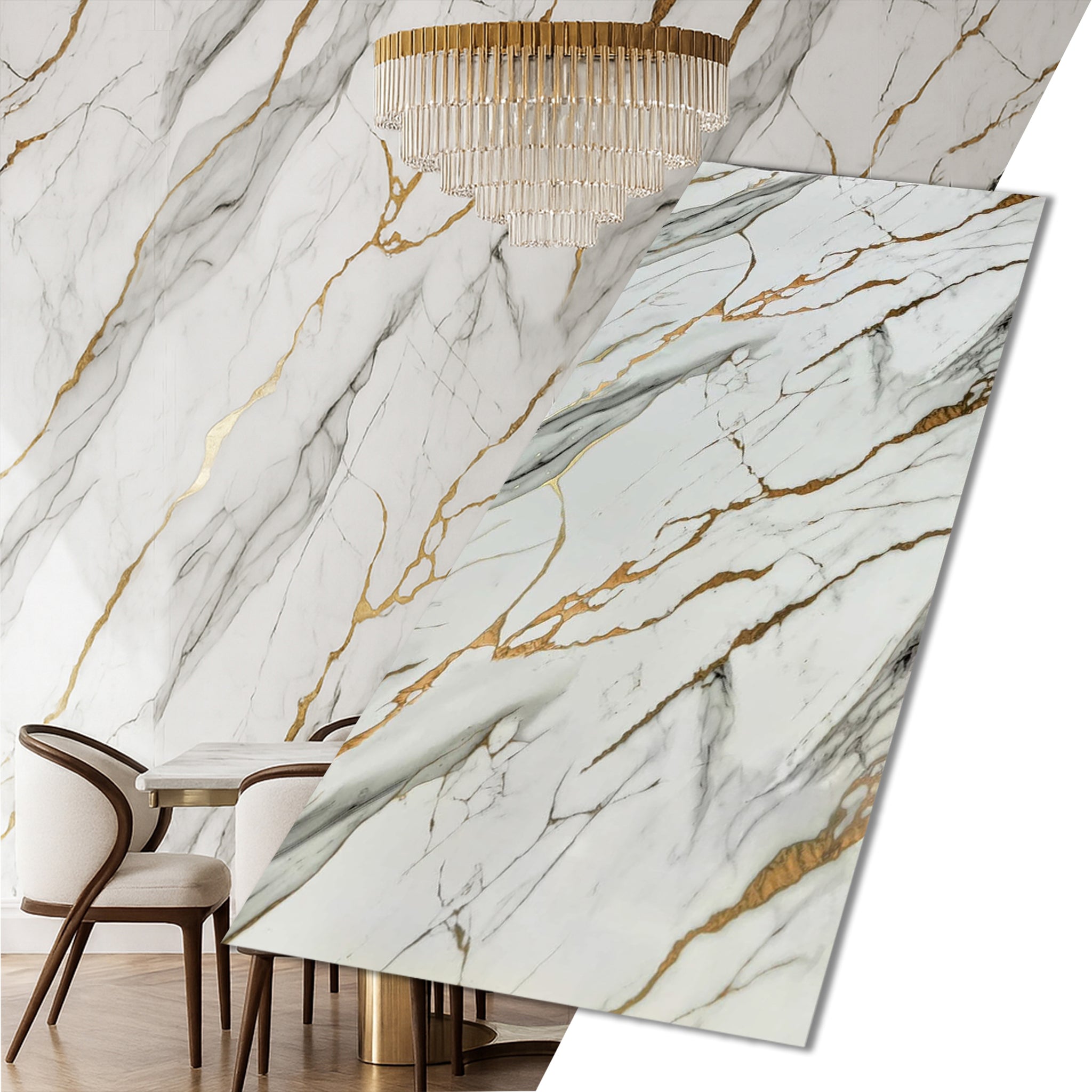 UV Marble Full Size Wall Panels 4ft x 9ft, High Gloss Panels - Backsplash, Bathroom, Accent Walls - White, Grey, Gold Veins
