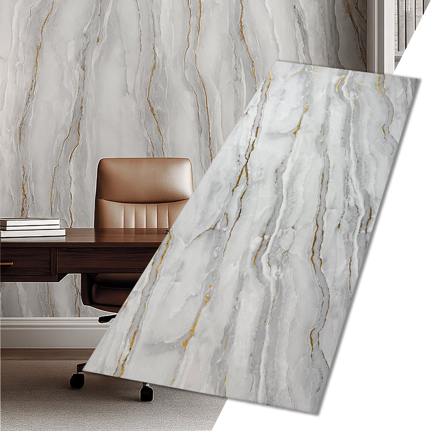 UV Marble Full Size Wall Panels 4ft x 9ft, High Gloss Panels - Backsplash, Bathroom, Accent Walls - Grey, Gold Veins
