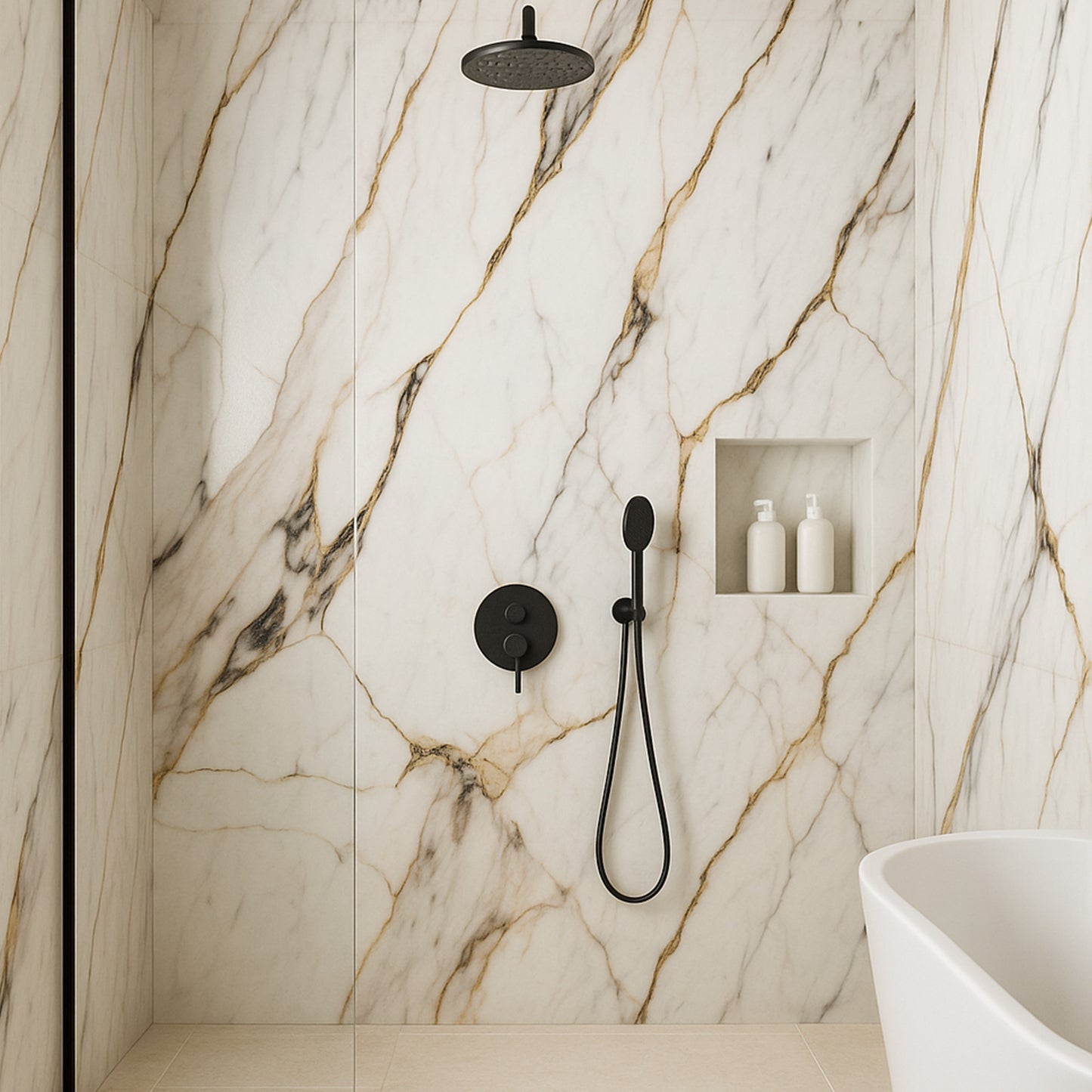 UV Marble Full Size Wall Panels 4ft x 9ft, High Gloss Panels - Backsplash, Bathroom, Accent Walls - Off-White, Grey and Gold Veins