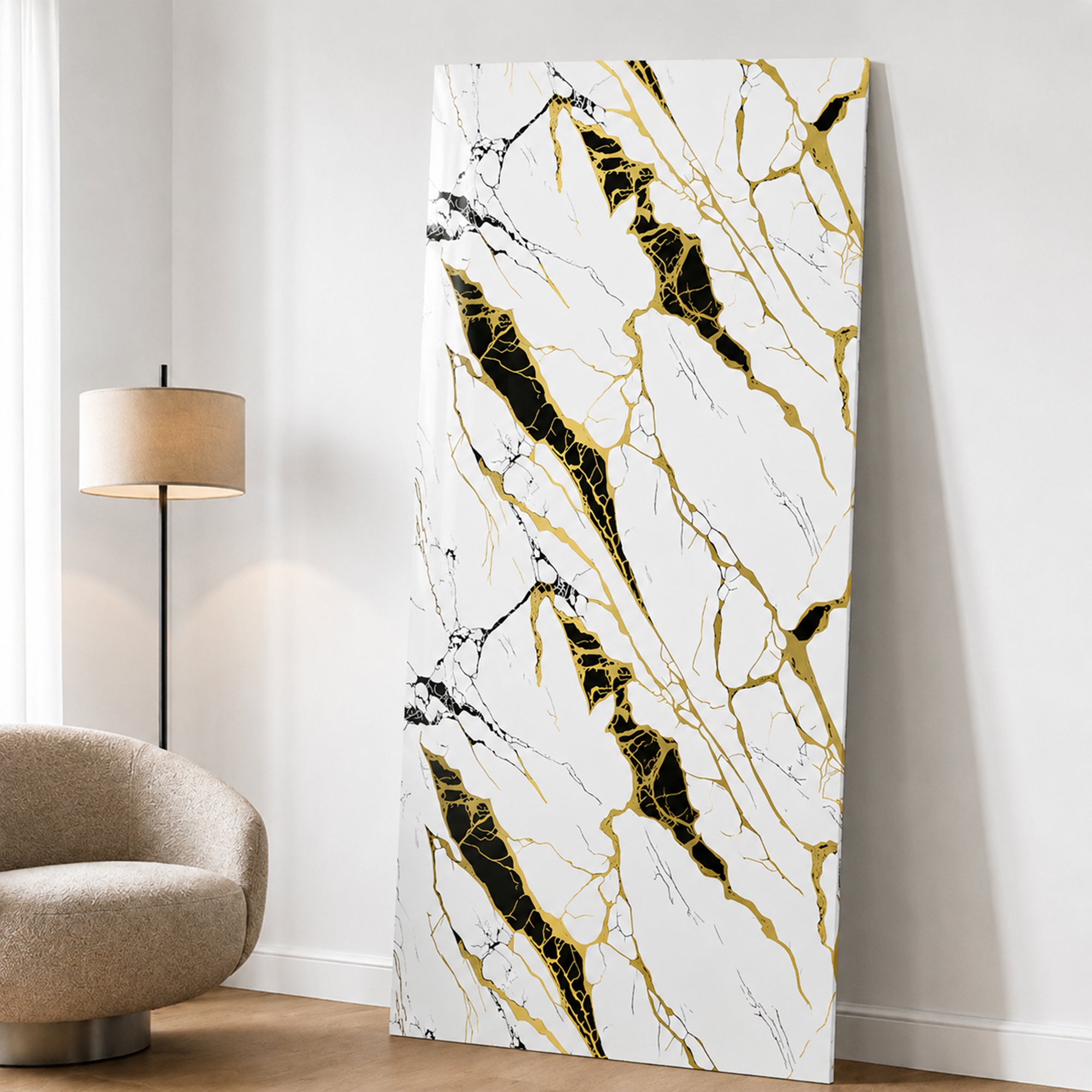UV Marble Full Size Wall Panels 4ft x 9ft, High Gloss Panels - Backsplash, Bathroom, Accent Walls - White, Gold and Black Veins