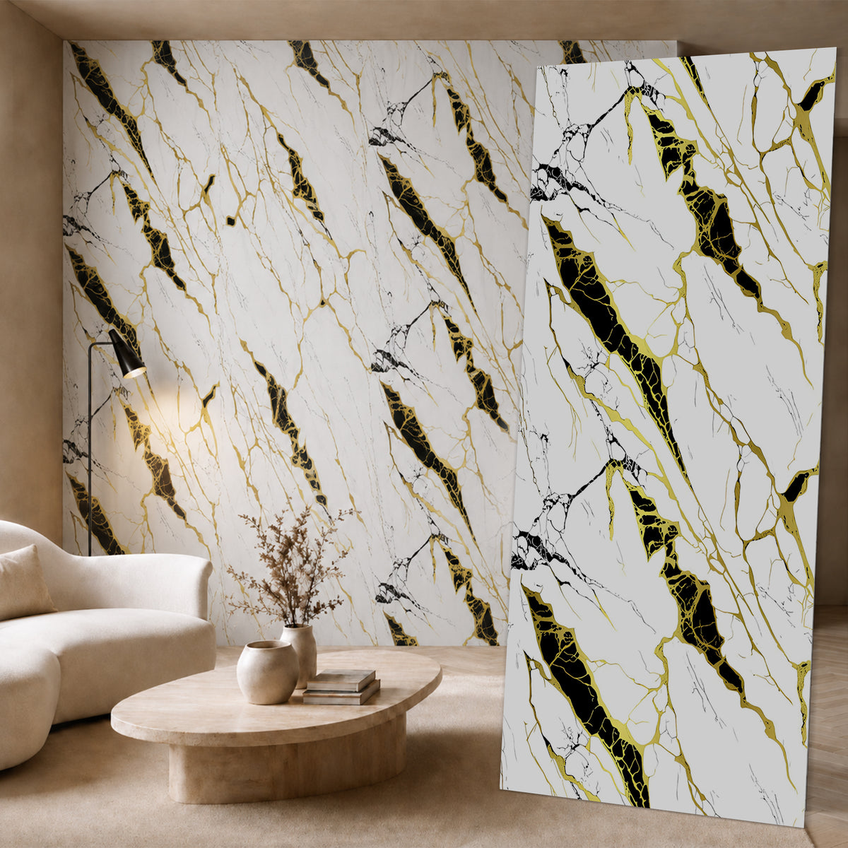 UV Marble Full Size Wall Panels 4ft x 9ft, High Gloss Panels - Backsplash, Bathroom, Accent Walls - White, Gold and Black Veins