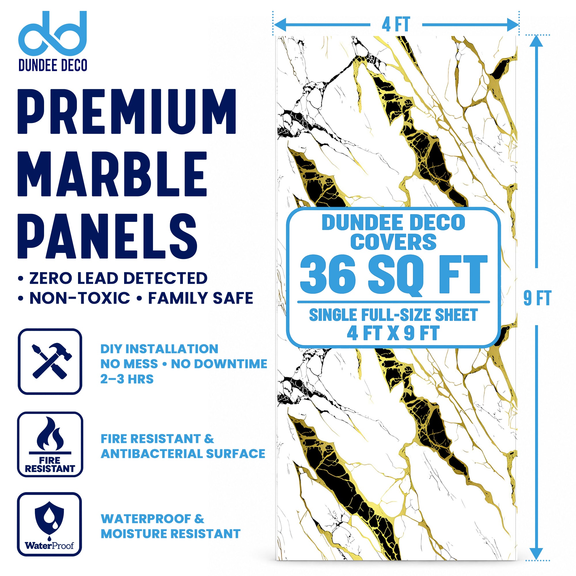 UV Marble Full Size Wall Panels 4ft x 9ft, High Gloss Panels - Backsplash, Bathroom, Accent Walls - White, Gold and Black Veins