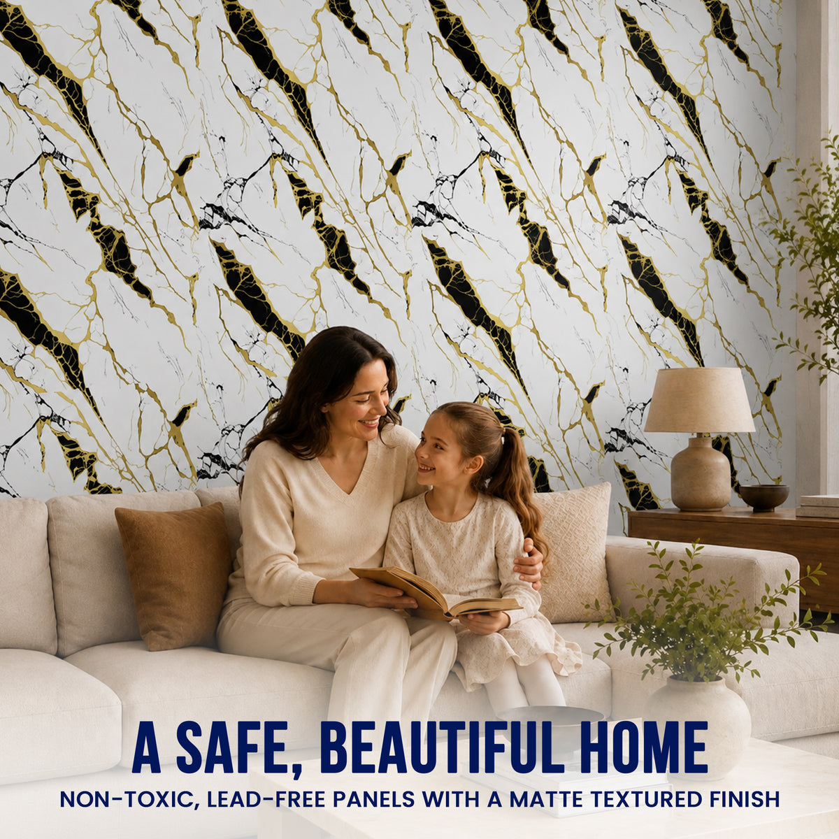 UV Marble Full Size Wall Panels 4ft x 9ft, High Gloss Panels - Backsplash, Bathroom, Accent Walls - White, Gold and Black Veins