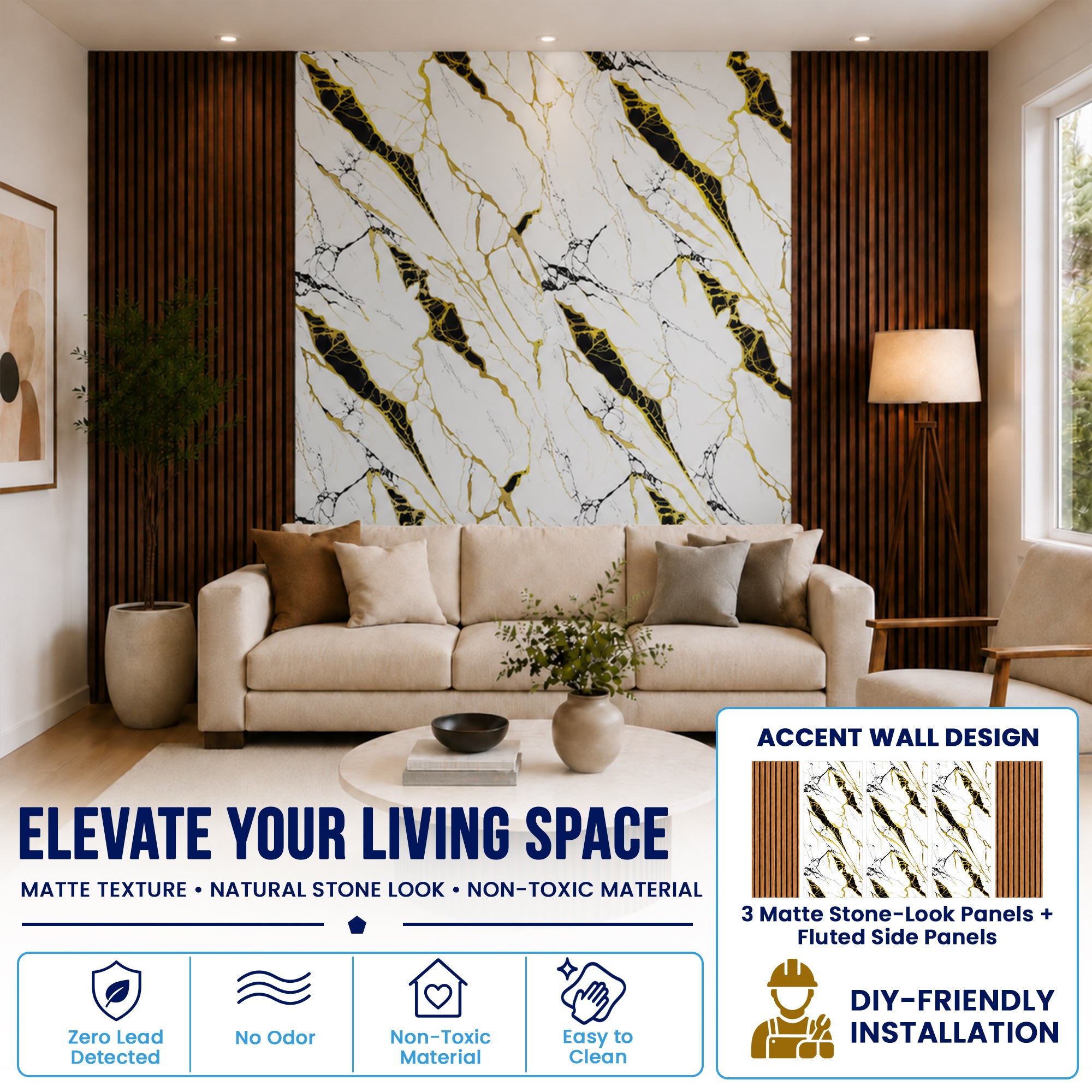 UV Marble Full Size Wall Panels 4ft x 9ft, High Gloss Panels - Backsplash, Bathroom, Accent Walls - White, Gold and Black Veins