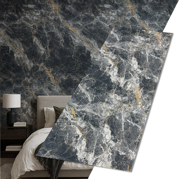 UV Marble Full Size Wall Panels 4ft x 9ft, High Gloss Panels - Backsplash, Bathroom, Accent Walls - Black, White, Gold Veins