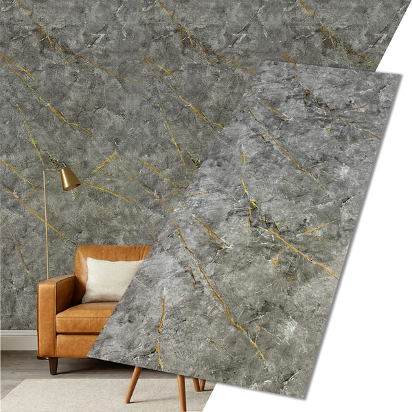 UV Marble Full Size Wall Panels 4ft x 9ft, High Gloss Panels - Backsplash, Bathroom, Accent Walls - Grey, Gold Veins