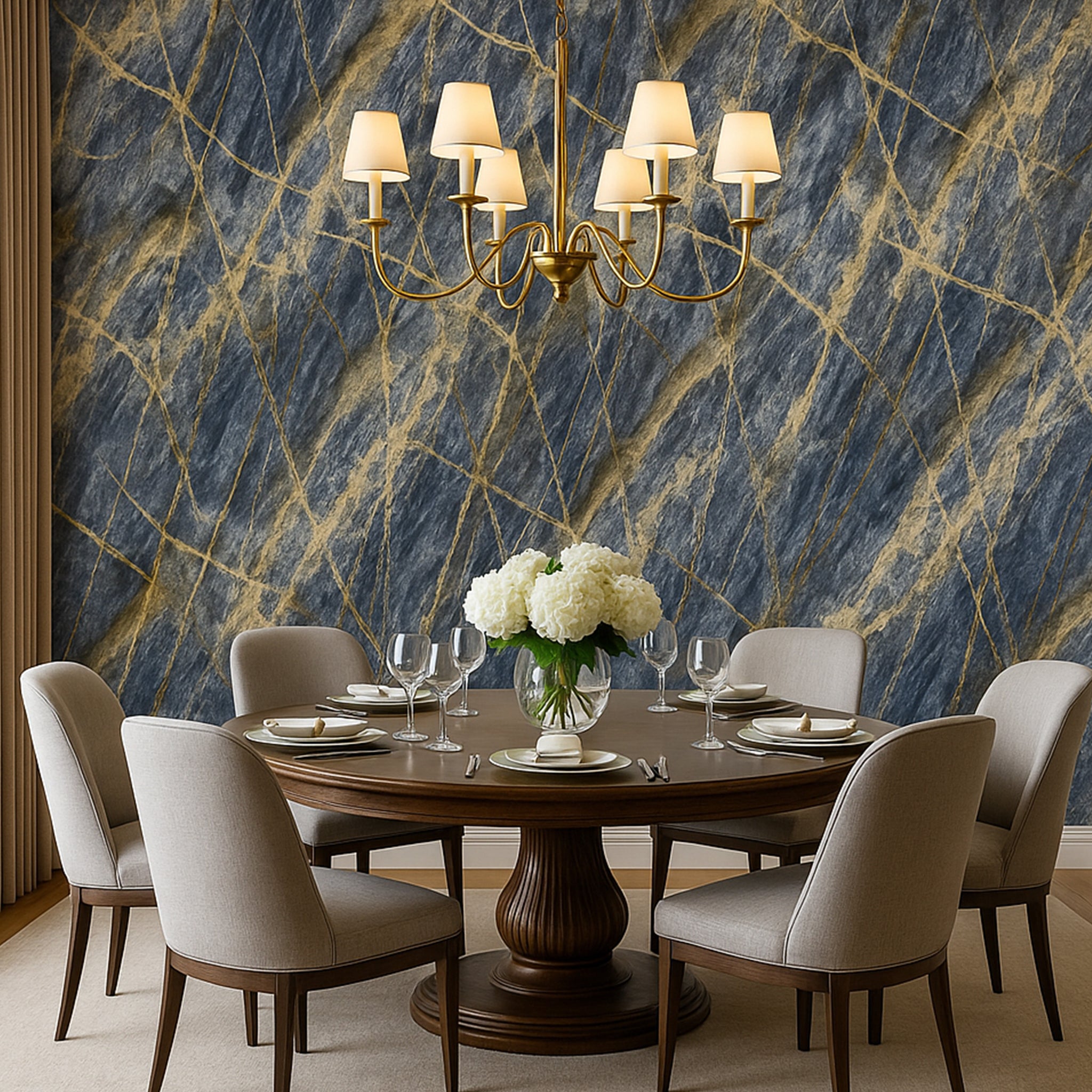 UV Marble Full Size Wall Panels 4ft x 9ft, High Gloss Panels - Backsplash, Bathroom, Accent Walls - Blue, Gold Veins
