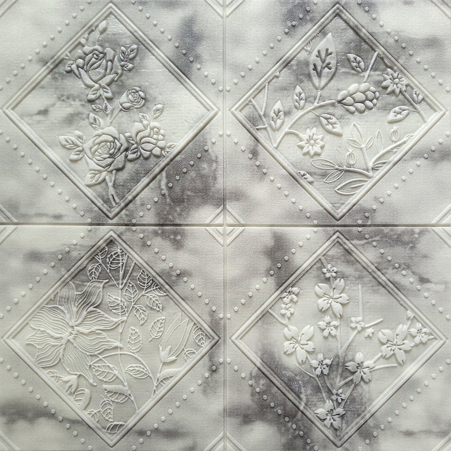 Off White, Charcoal Flowers in Rhombus 3D Wall Panel, Peel and Stick Wall Sticker, Self Adhesive Foam Wallpaper Wall Paneling Decor, 2.3ft X 2.3ft, 5.29 sq ft each - Single