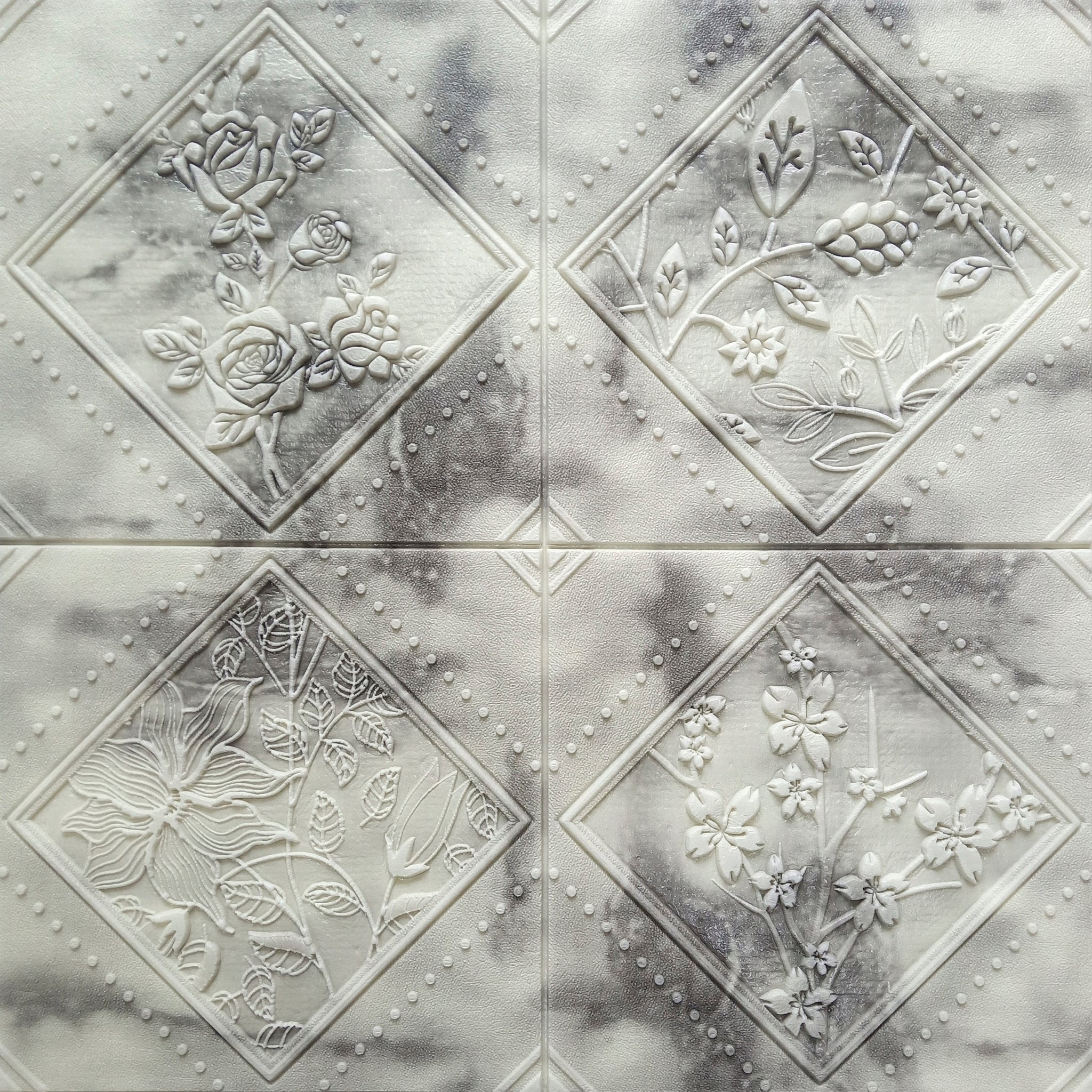 Off White, Charcoal Flowers in Rhombus 3D Wall Panel, Peel and Stick Wall Sticker, Self Adhesive Foam Wallpaper Wall Paneling Decor, 2.3ft X 2.3ft, 5.29 sq ft each - Single