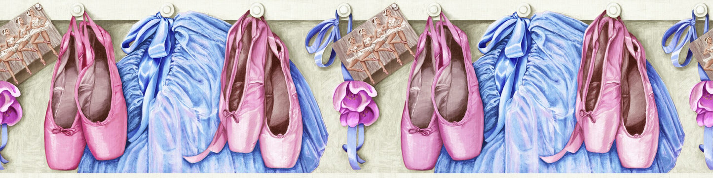 Prepasted Wallpaper Border - Kids Dance Ballet Pink, Blue, Brown Wall Border Retro Design, Roll 15 ft X 9 in (4.57m X 22.86cm)