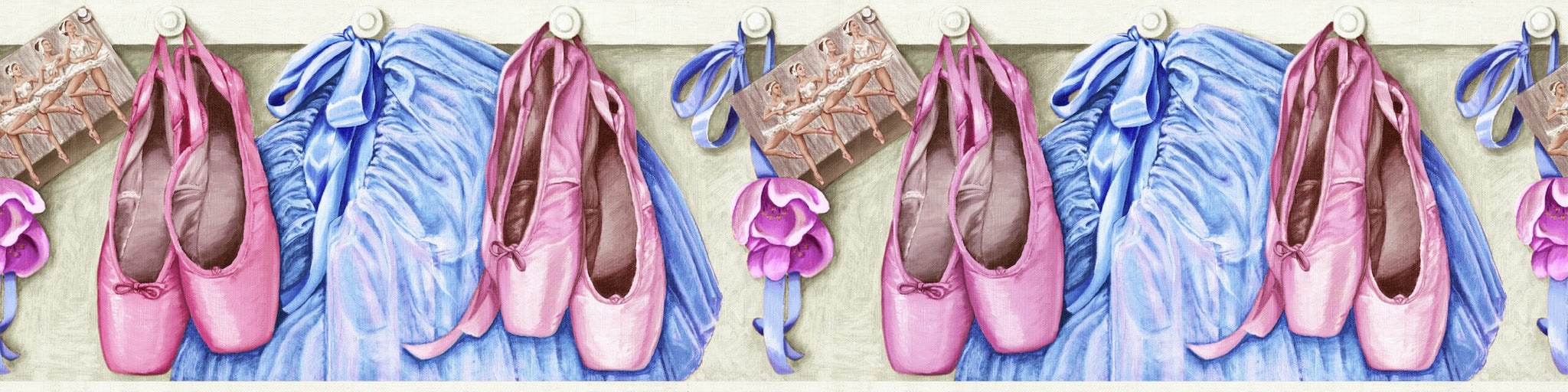 Prepasted Wallpaper Border - Kids Dance Ballet Pink, Blue, Brown Wall Border Retro Design, Roll 15 ft X 9 in (4.57m X 22.86cm)