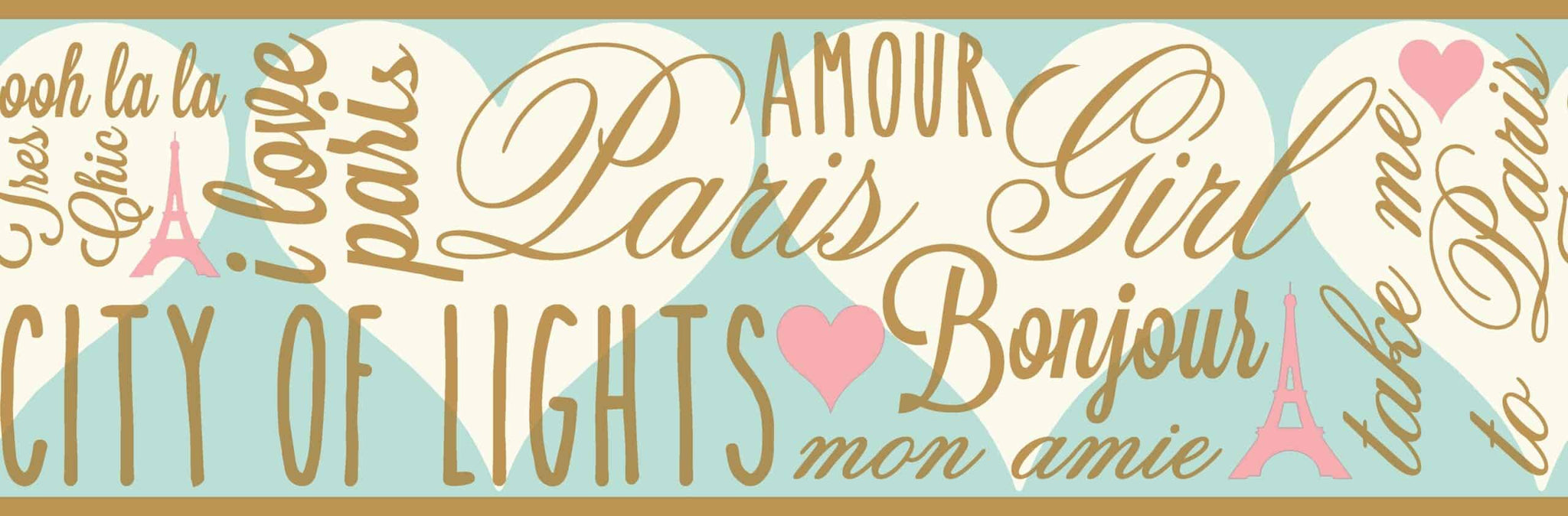 Prepasted Wallpaper Border - Paris City of Lights Gold, Blue, White, Pink Wall Border Retro Design, Roll 15 ft X 6.75 in (4.57m X 17.15cm)