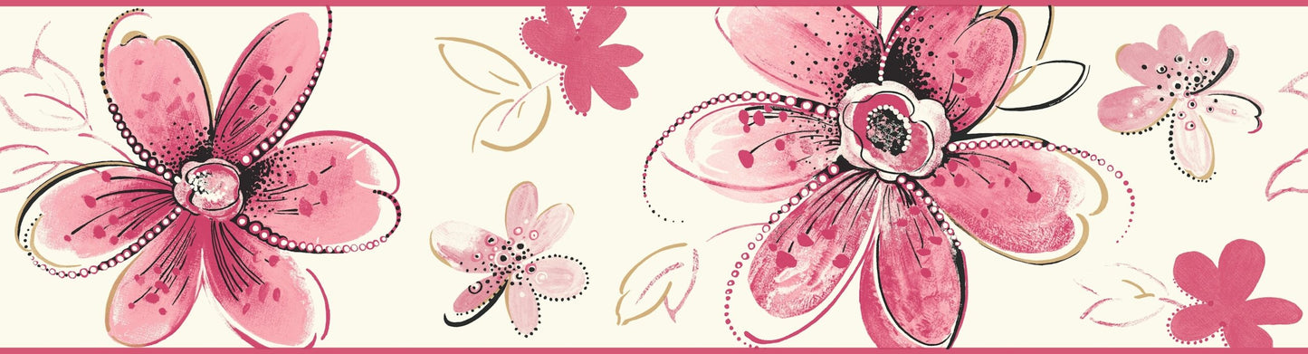 Prepasted Wallpaper Border - Kids Floral Pink Gold, Black, Red Wall Border Retro Design, Roll 15 ft X 6.75 in (4.57m X 17.15cm)