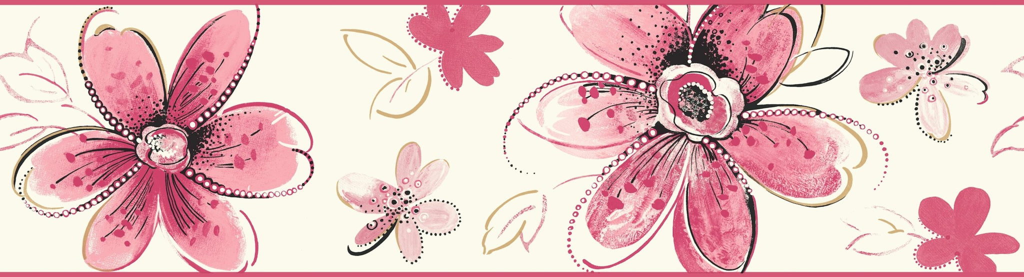 Prepasted Wallpaper Border - Kids Floral Pink Gold, Black, Red Wall Border Retro Design, Roll 15 ft X 6.75 in (4.57m X 17.15cm)