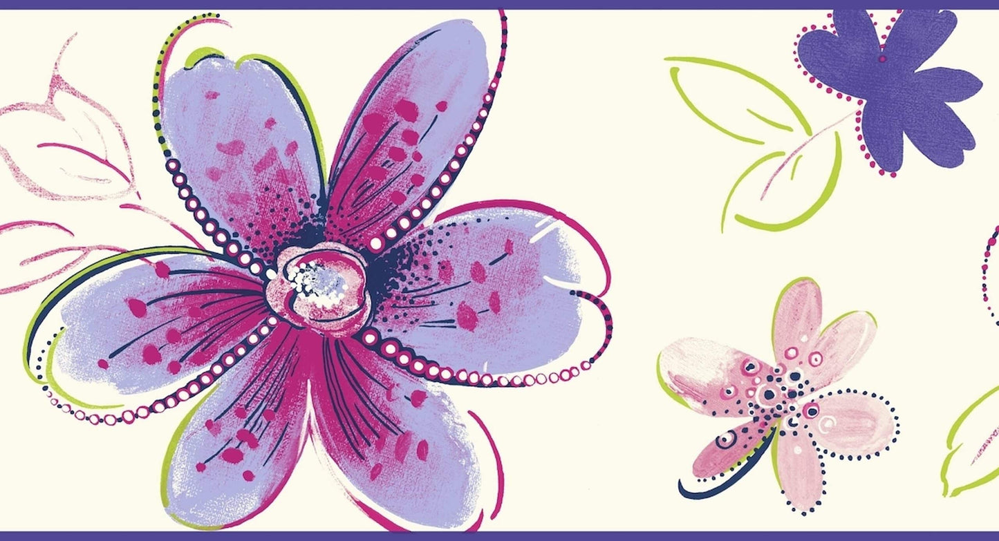 Prepasted Wallpaper Border - Kids Floral Lilac, Green, White, Silver Wall Border Retro Design, Roll 15 ft X 6.75 in (4.57m X 17.15cm)