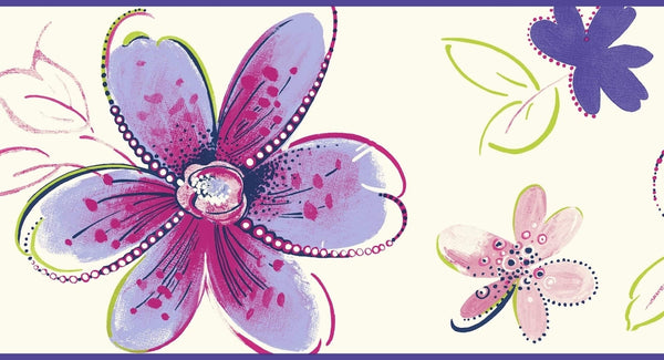 Prepasted Wallpaper Border - Kids Floral Lilac, Green, White, Silver Wall Border Retro Design, Roll 15 ft X 6.75 in (4.57m X 17.15cm)