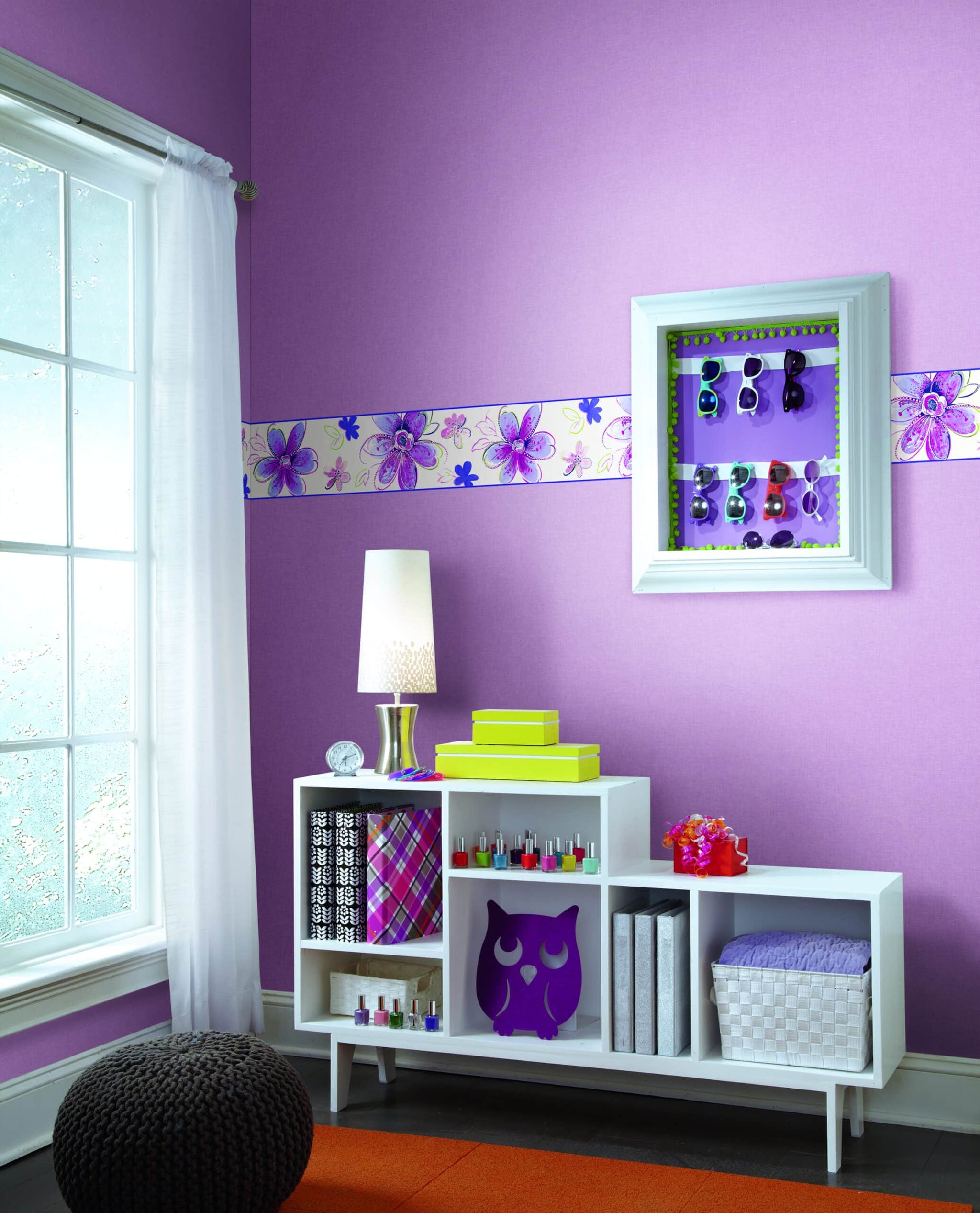 Prepasted Wallpaper Border - Kids Floral Lilac, Green, White, Silver Wall Border Retro Design, Roll 15 ft X 6.75 in (4.57m X 17.15cm)