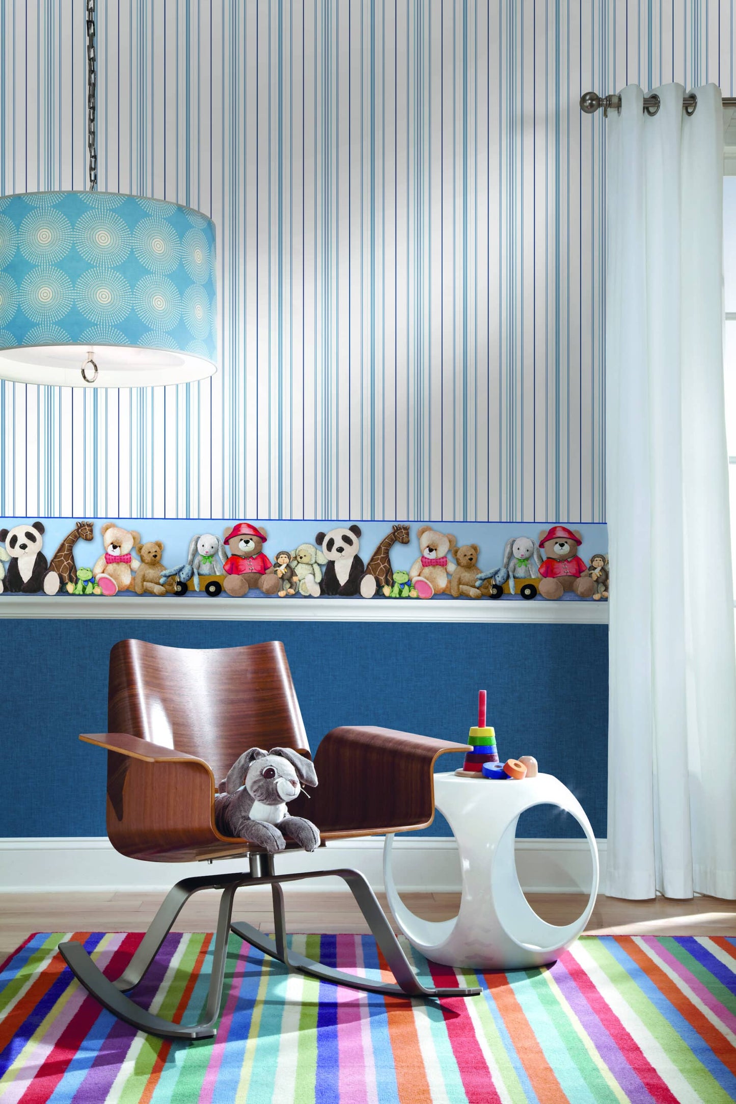 Prepasted Wallpaper Border - Kids Teddy Bear and Animals Brown, Red, Blue Wall Border Retro Design, Roll 15 ft X 9 in (4.57m X 22.86cm)