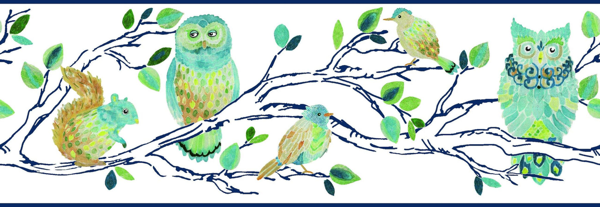 Prepasted Wallpaper Border - Kids Forest Animals Gold, Blue, White, Pink Wall Border Retro Design, Roll 15 ft X 9 in (4.57m X 22.86cm)