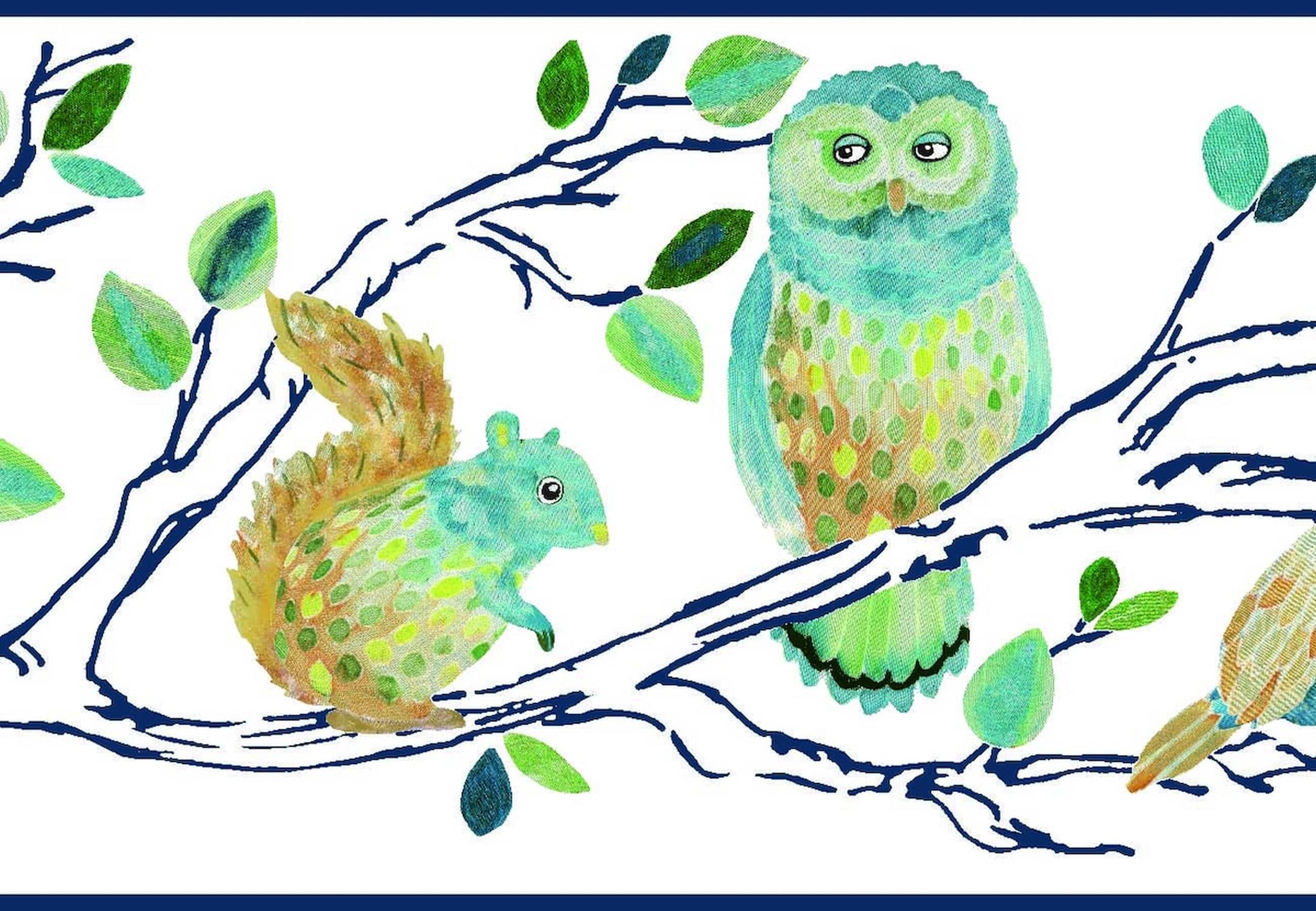 Prepasted Wallpaper Border - Kids Forest Animals Gold, Blue, White, Pink Wall Border Retro Design, Roll 15 ft X 9 in (4.57m X 22.86cm)