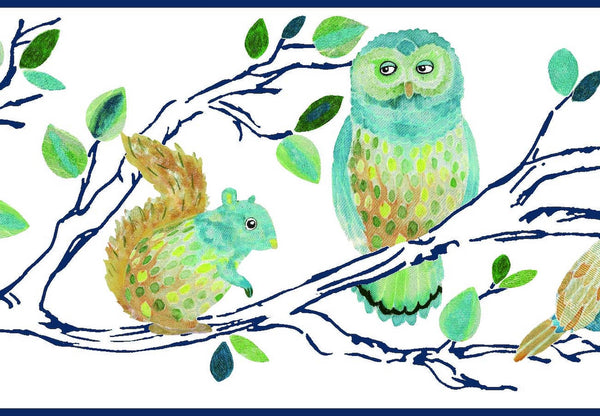 Prepasted Wallpaper Border - Kids Forest Animals Gold, Blue, White, Pink Wall Border Retro Design, Roll 15 ft X 9 in (4.57m X 22.86cm)