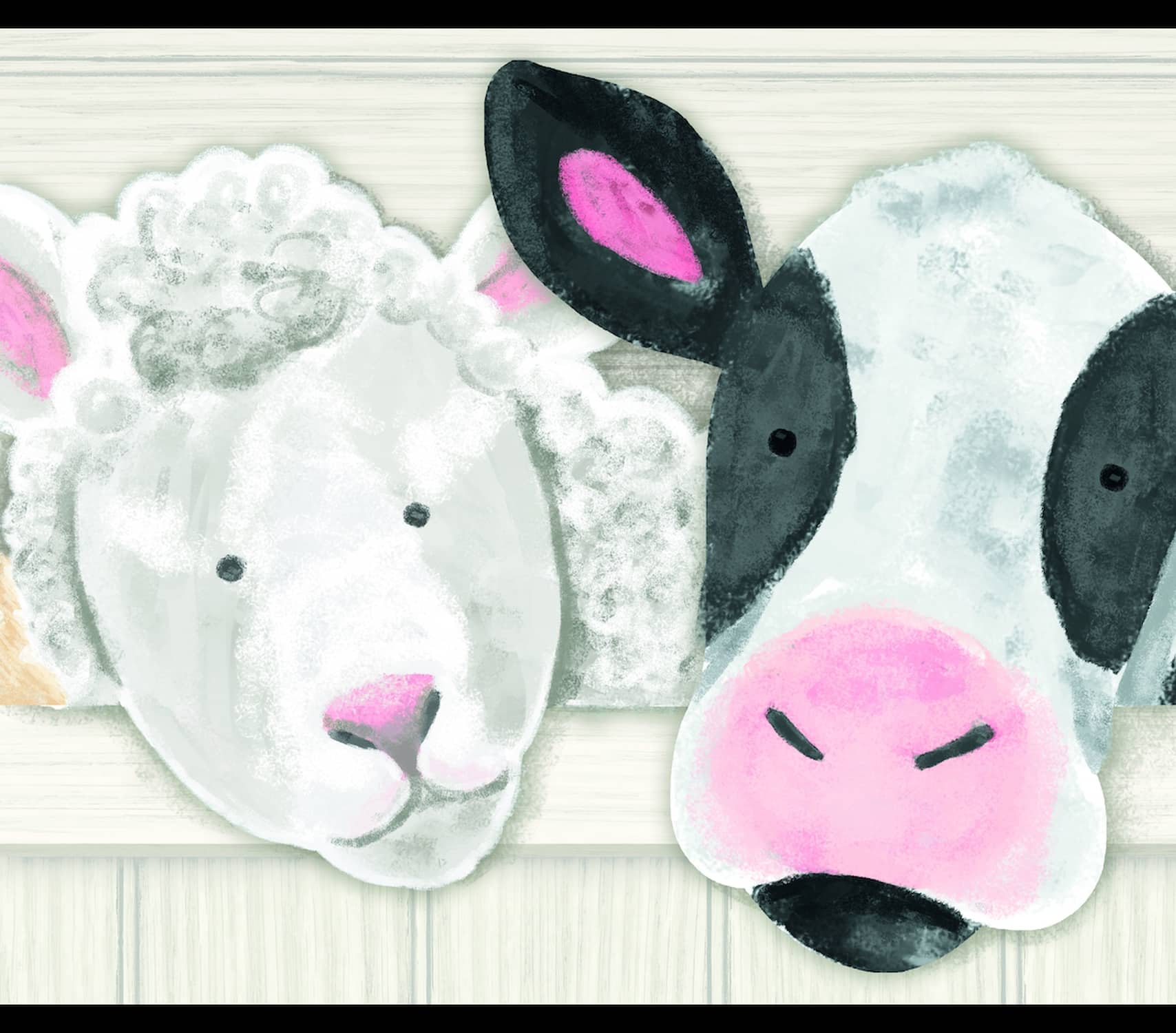 Prepasted Wallpaper Border - Kids Farm Animals Pink, Black, Yellow Wall Border Retro Design, Roll 15 ft X 9 in (4.57m X 22.86cm)