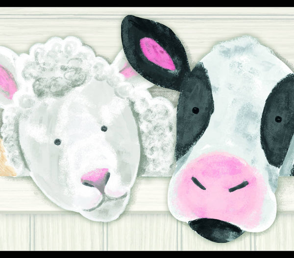 Prepasted Wallpaper Border - Kids Farm Animals Pink, Black, Yellow Wall Border Retro Design, Roll 15 ft X 9 in (4.57m X 22.86cm)